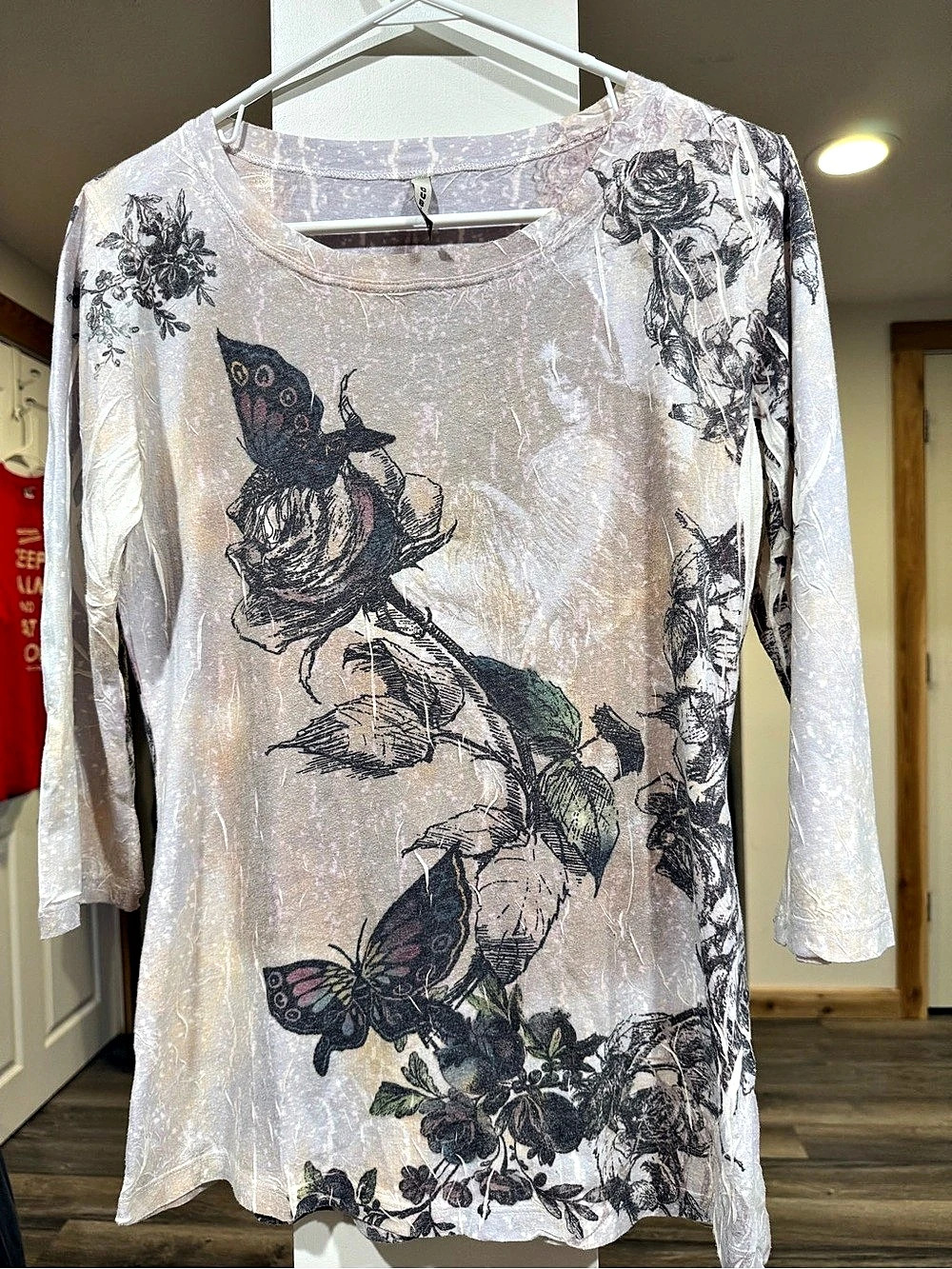 Vintage CUBISM Floral Long Sleeve Tunic in White & Gray Size XL #fairycore